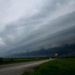 The squall line eventually ate the second storm but continued to produce a spectacular shelf cloud.  Near Graham, Tx.