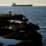 Rocky platforms jut out into the Pacific Ocean on the western side of Stanley Park