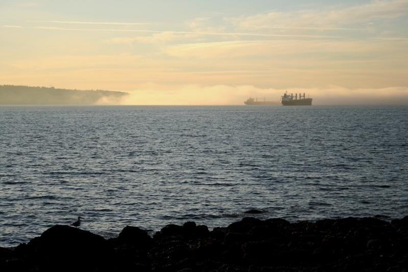 Ships being enveloped by a thick sea fog